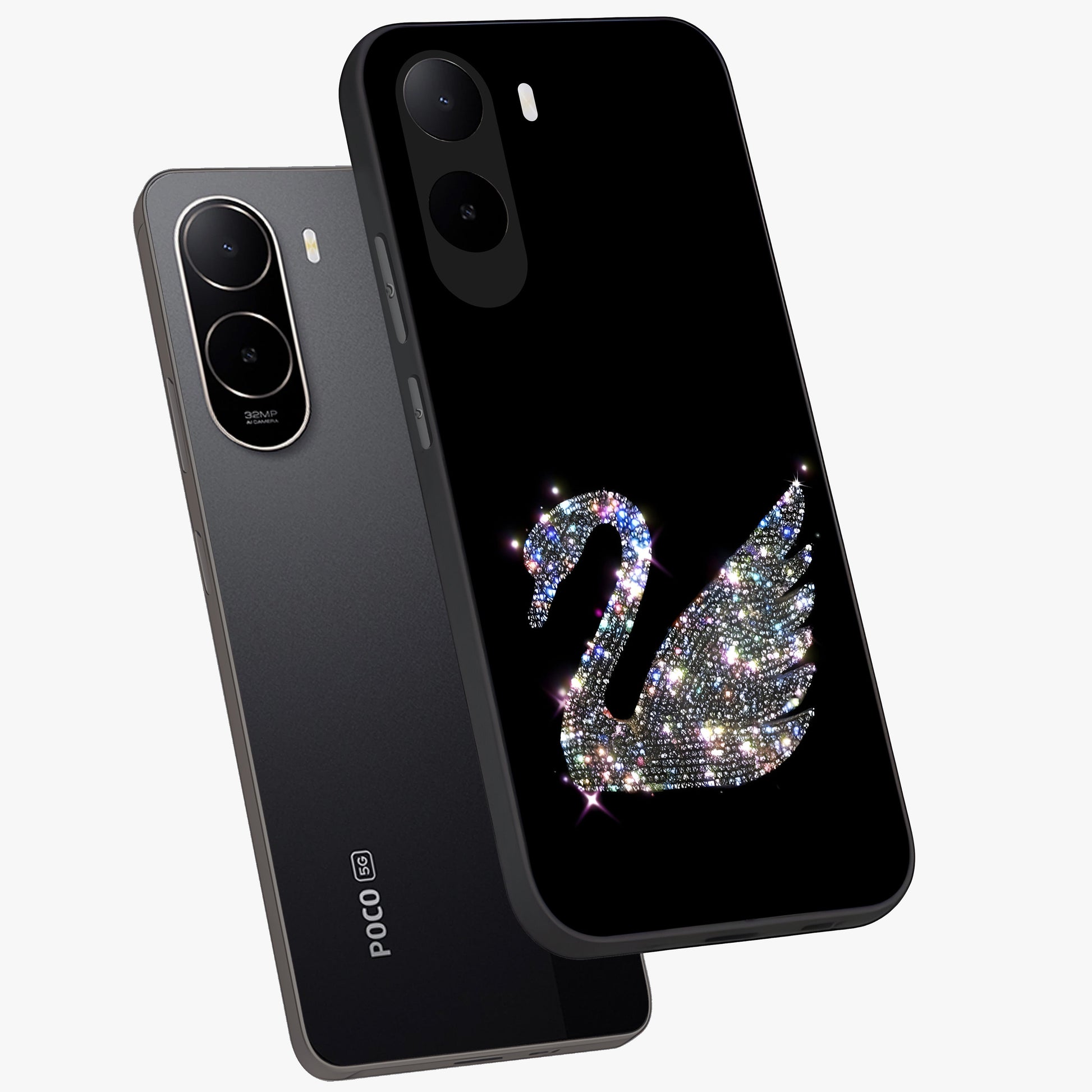 Starlit Swan Grace Glass Case displayed in angled mockup highlighting elegant swan illustration with dreamy celestial aesthetic.