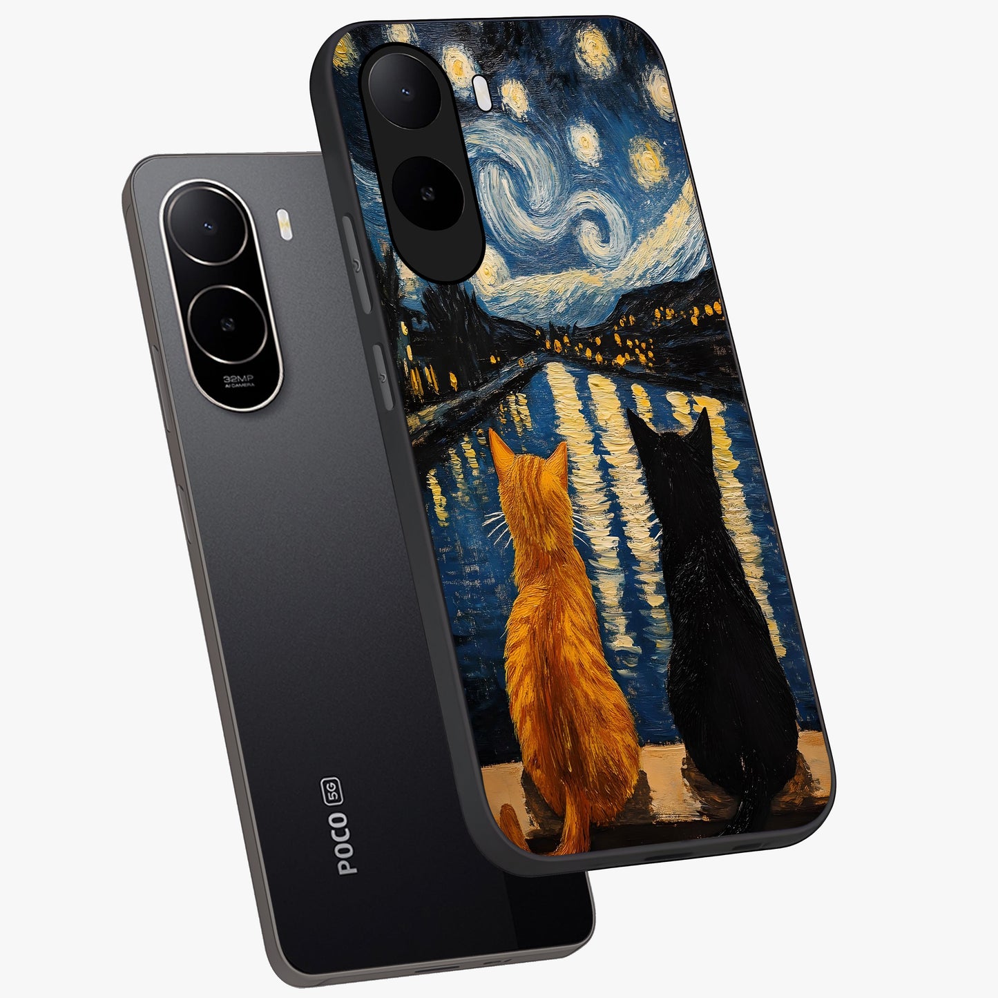 Starry River Cats Glass Case displayed in angled mockup highlighting charming feline illustration with dreamy night aesthetic.