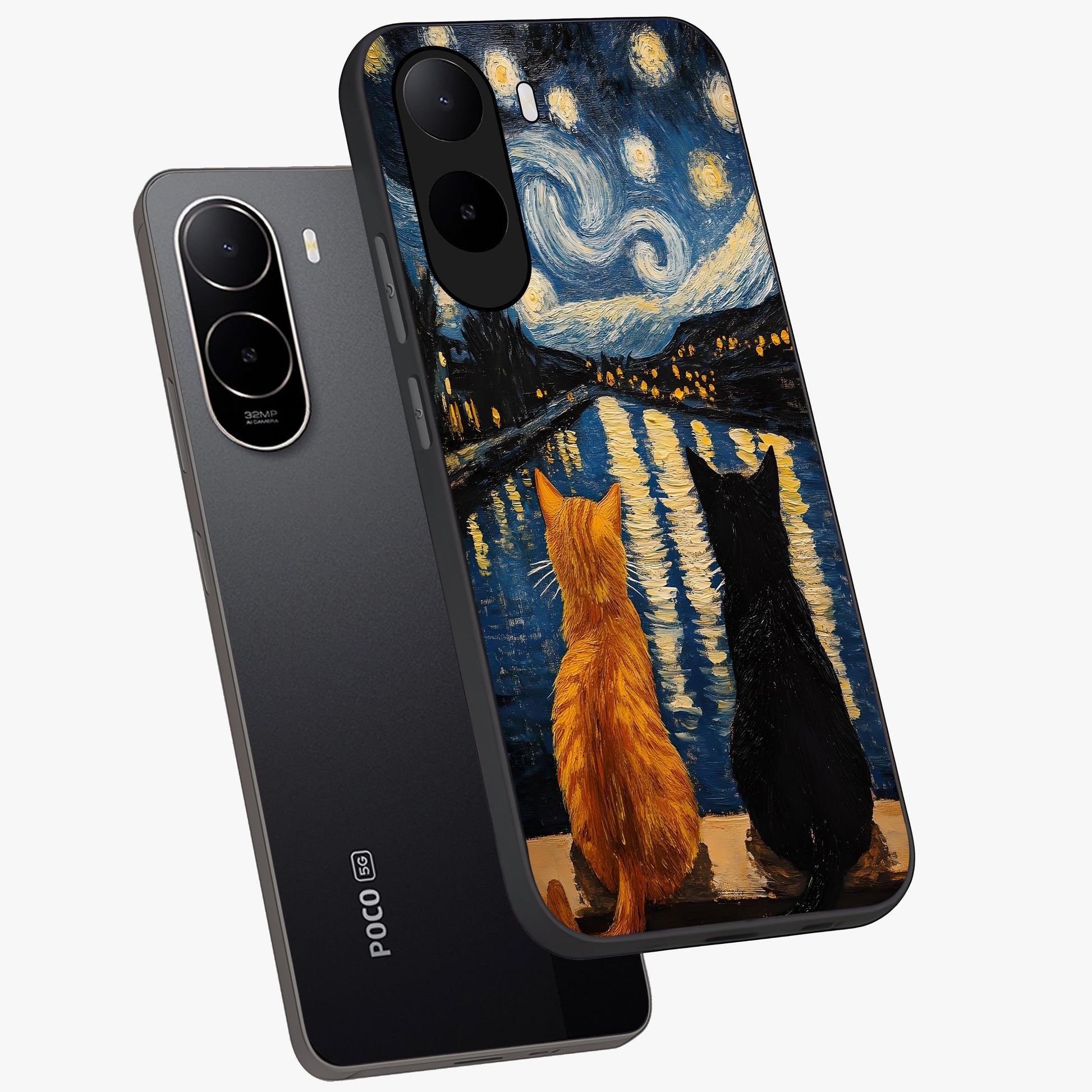 Starry River Cats Glass Case displayed in angled mockup highlighting charming feline illustration with dreamy night aesthetic.