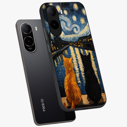 Starry River Cats Glass Case displayed in angled mockup highlighting charming feline illustration with dreamy night aesthetic.