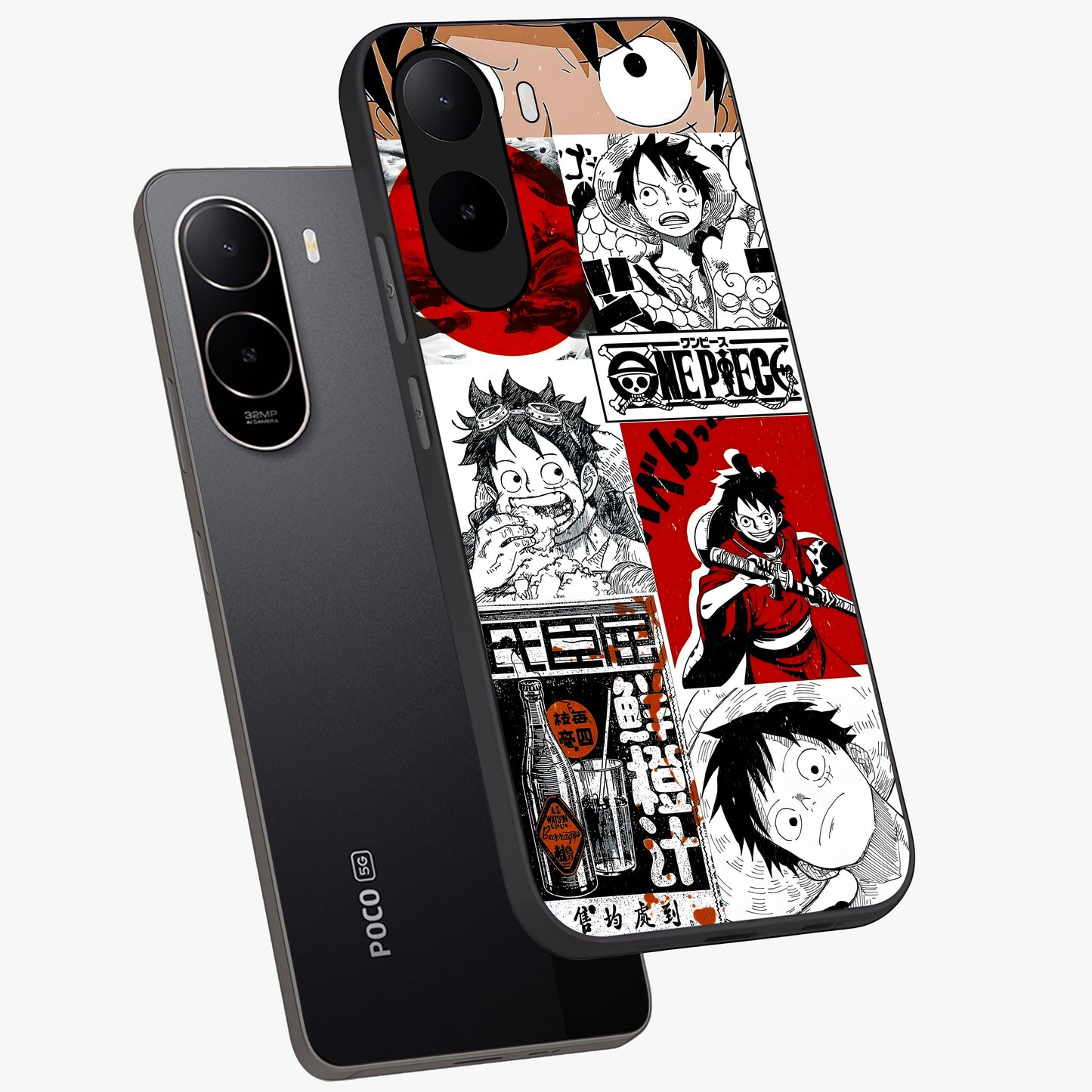 Strawhat Chaos Panels Glass Case displayed in angled mockup highlighting vibrant anime collage design with action aesthetic.