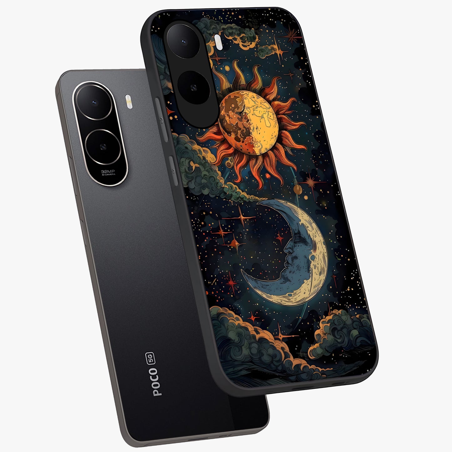 Sun And Moon Magic Design Glass Case displayed in angled mockup highlighting celestial design with magical cosmic aesthetic.