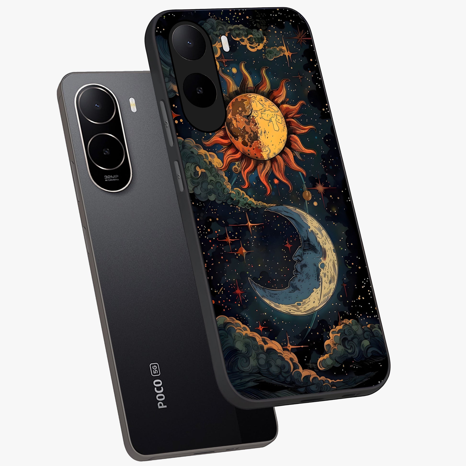 Sun And Moon Magic Design Glass Case displayed in angled mockup highlighting celestial design with magical cosmic aesthetic.