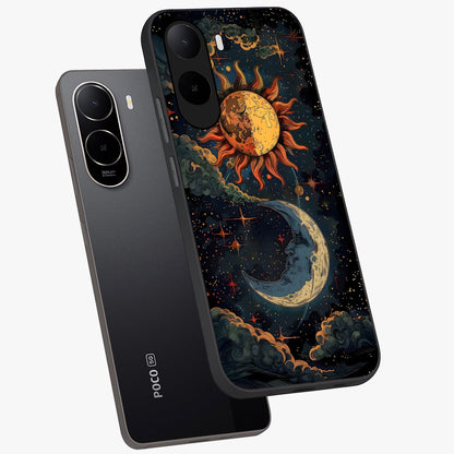 Sun And Moon Magic Design Glass Case displayed in angled mockup highlighting celestial design with magical cosmic aesthetic.