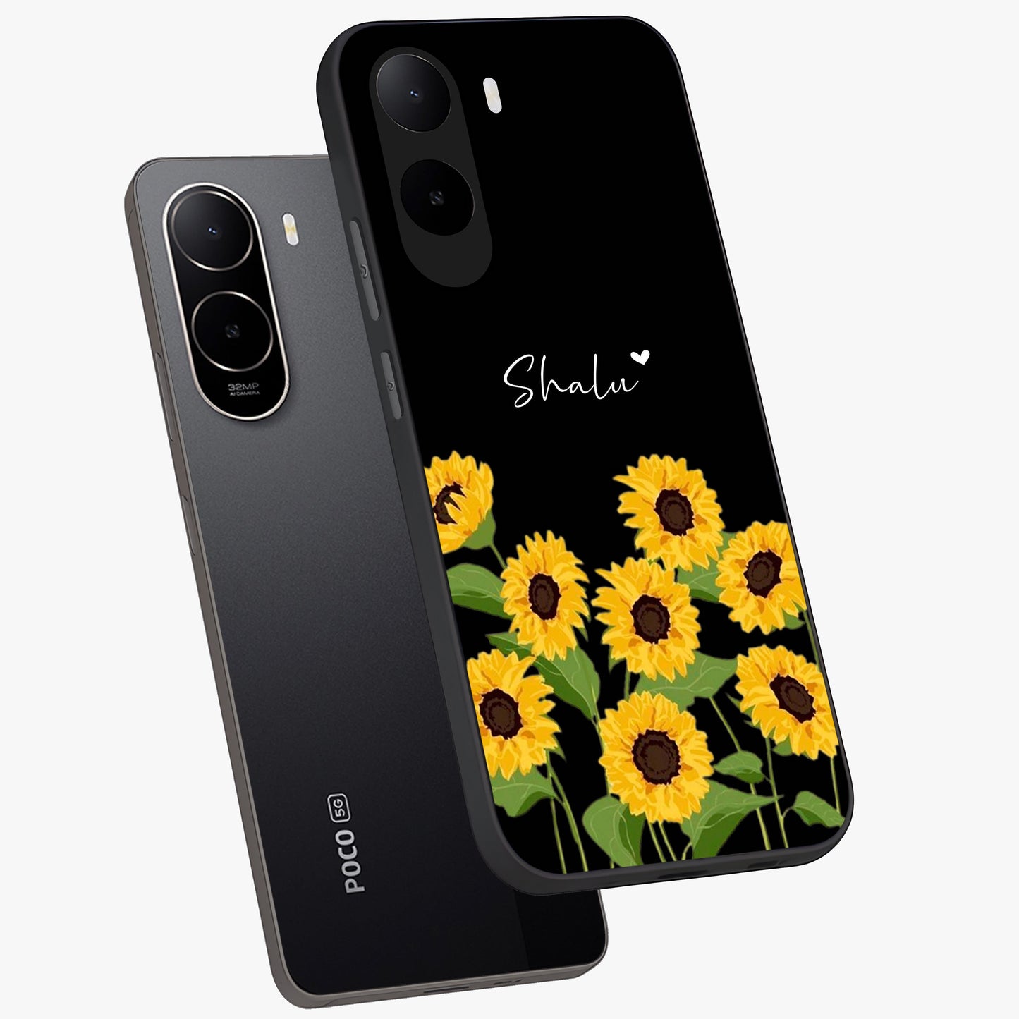 Sunflower Chic Mood Custom Name Glass Case displayed in angled mockup highlighting vibrant sunflower design with custom name feature.