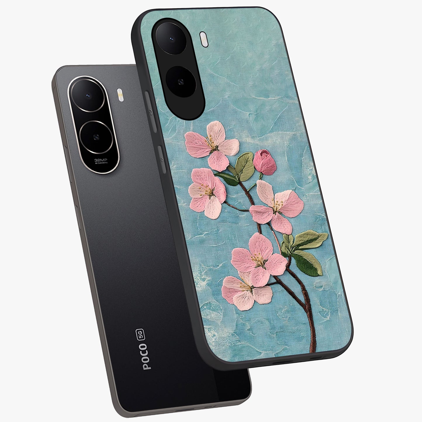 Threaded Blossom Breeze Glass Case displayed in angled mockup highlighting elegant floral design with soft aesthetic style.