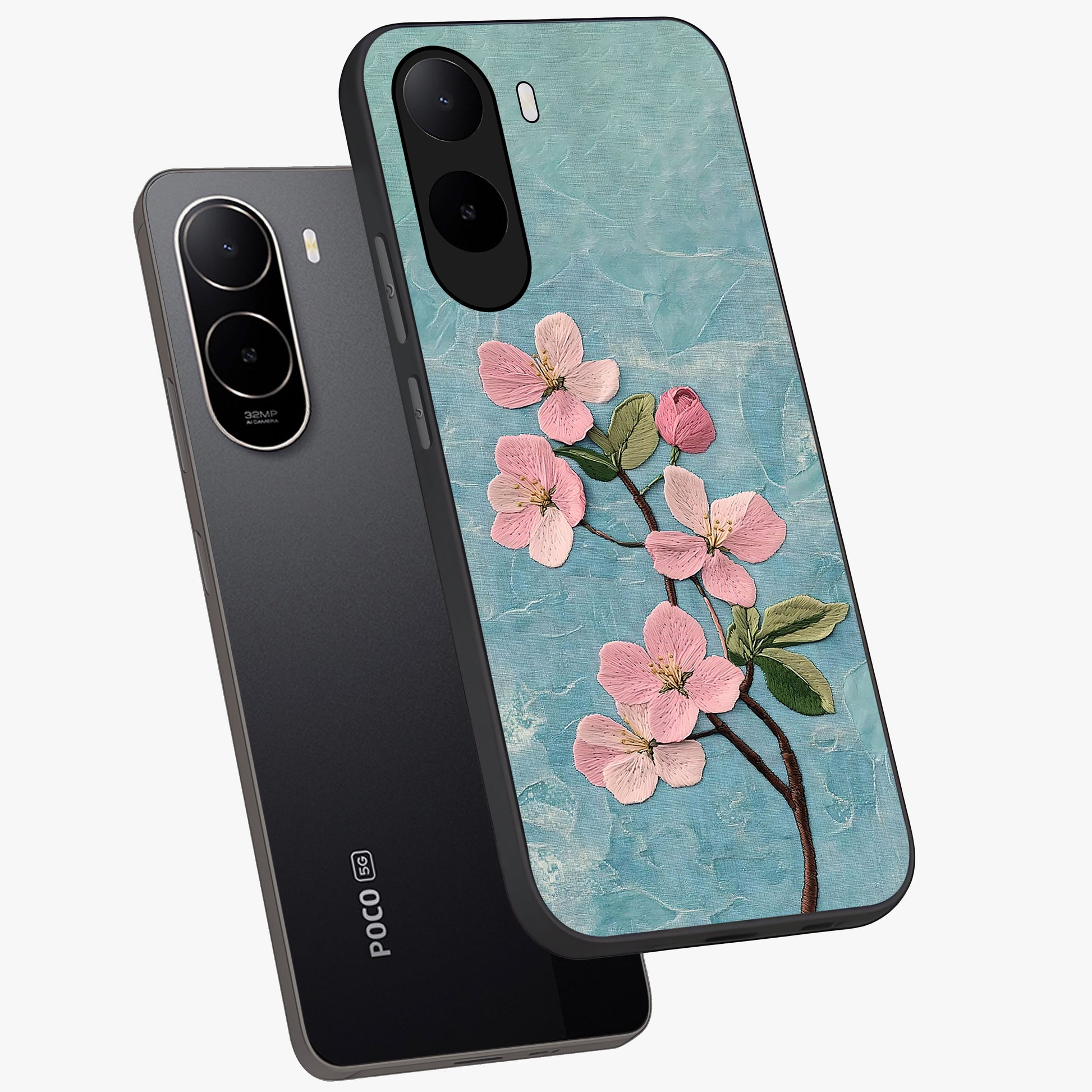 Threaded Blossom Breeze Glass Case displayed in angled mockup highlighting elegant floral design with soft aesthetic style.