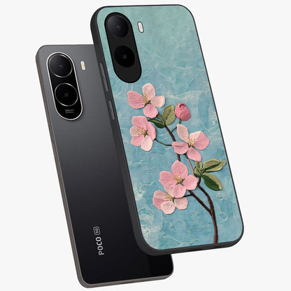 Threaded Blossom Breeze Glass Case displayed in angled mockup highlighting elegant floral design with soft aesthetic style.
