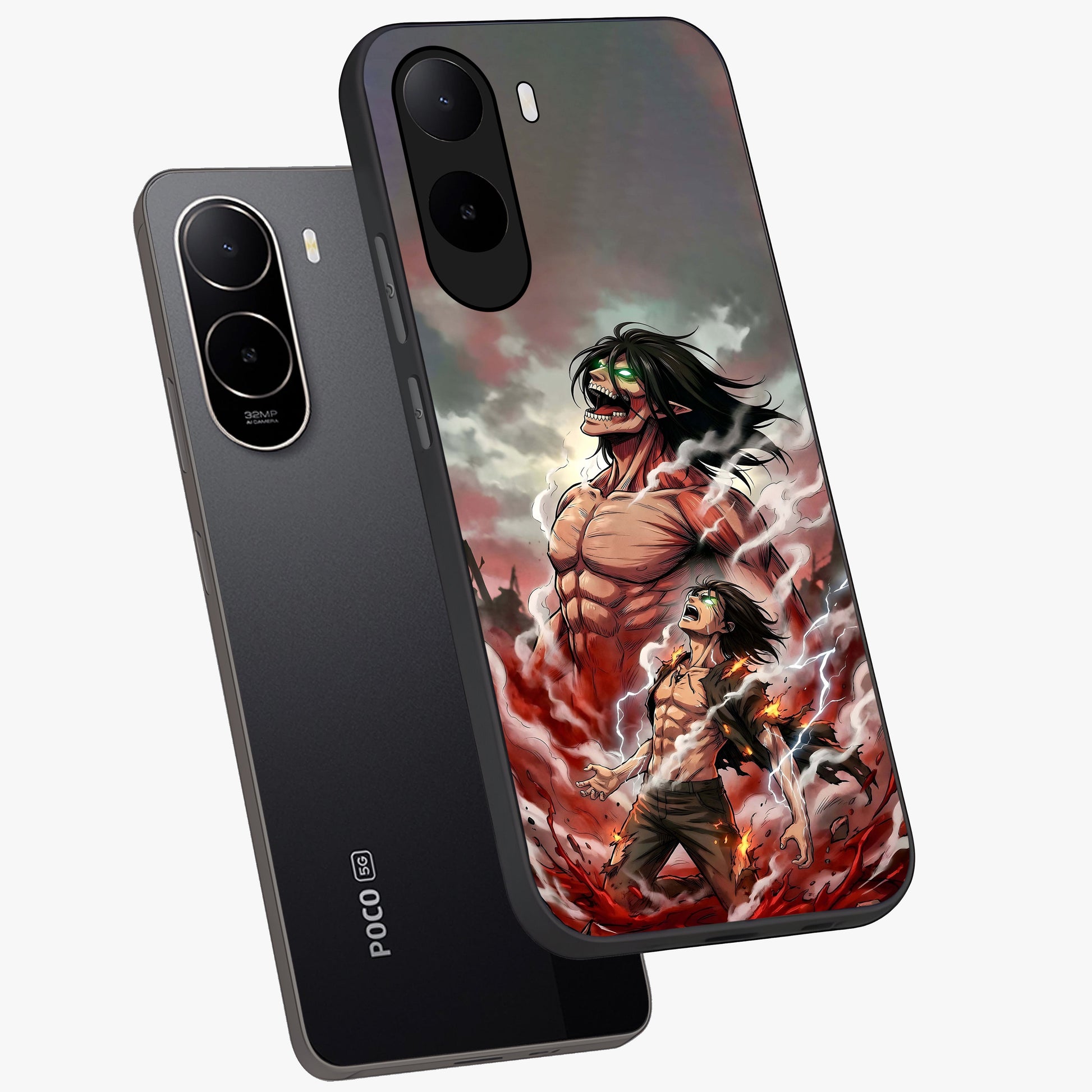 Titan Awakening Fury Glass Case displayed in angled mockup highlighting dramatic giant warrior design with bold anime aesthetic.