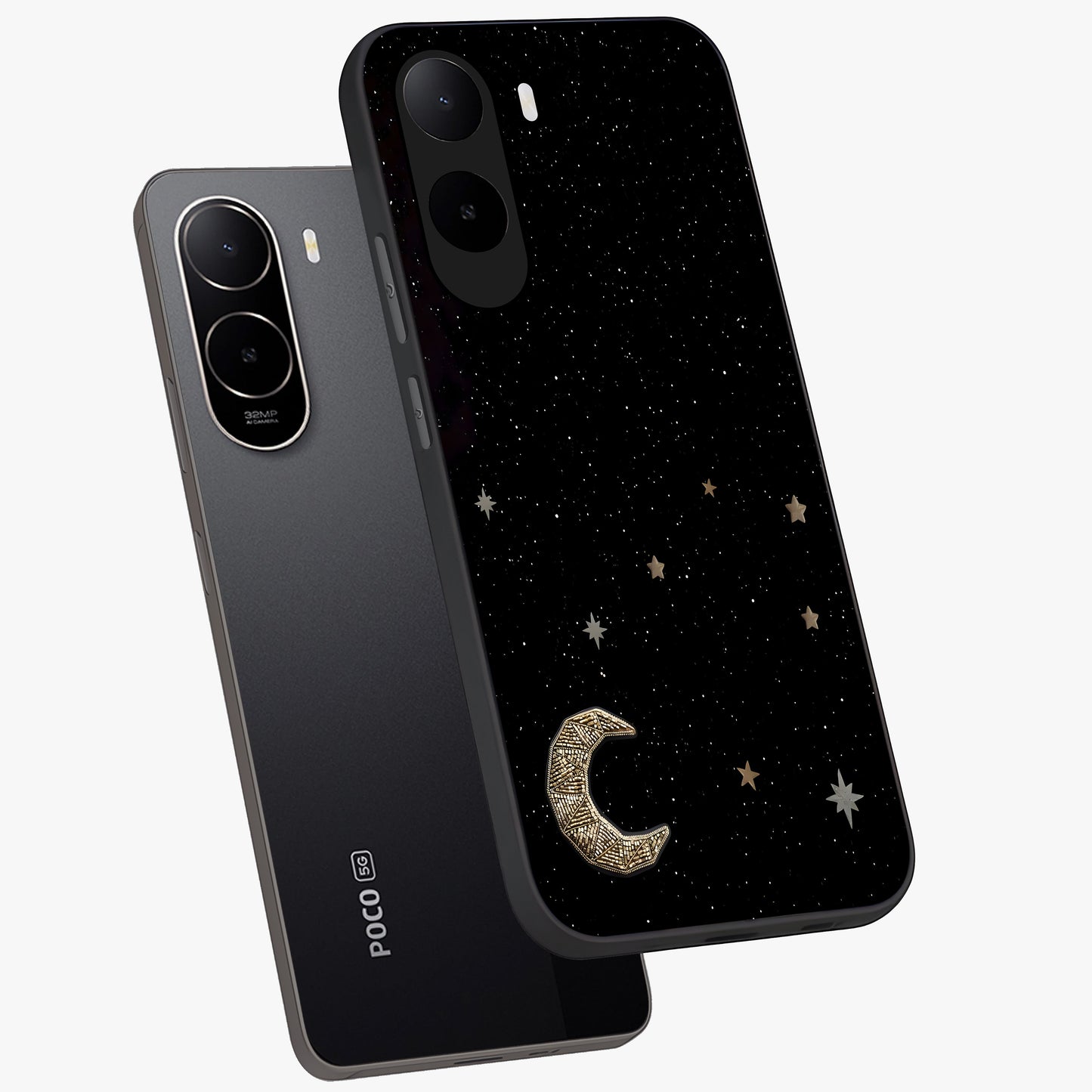 Twinkle Star With Half Moon Glass Case displayed in angled mockup highlighting celestial moon and star design with magical aesthetic.