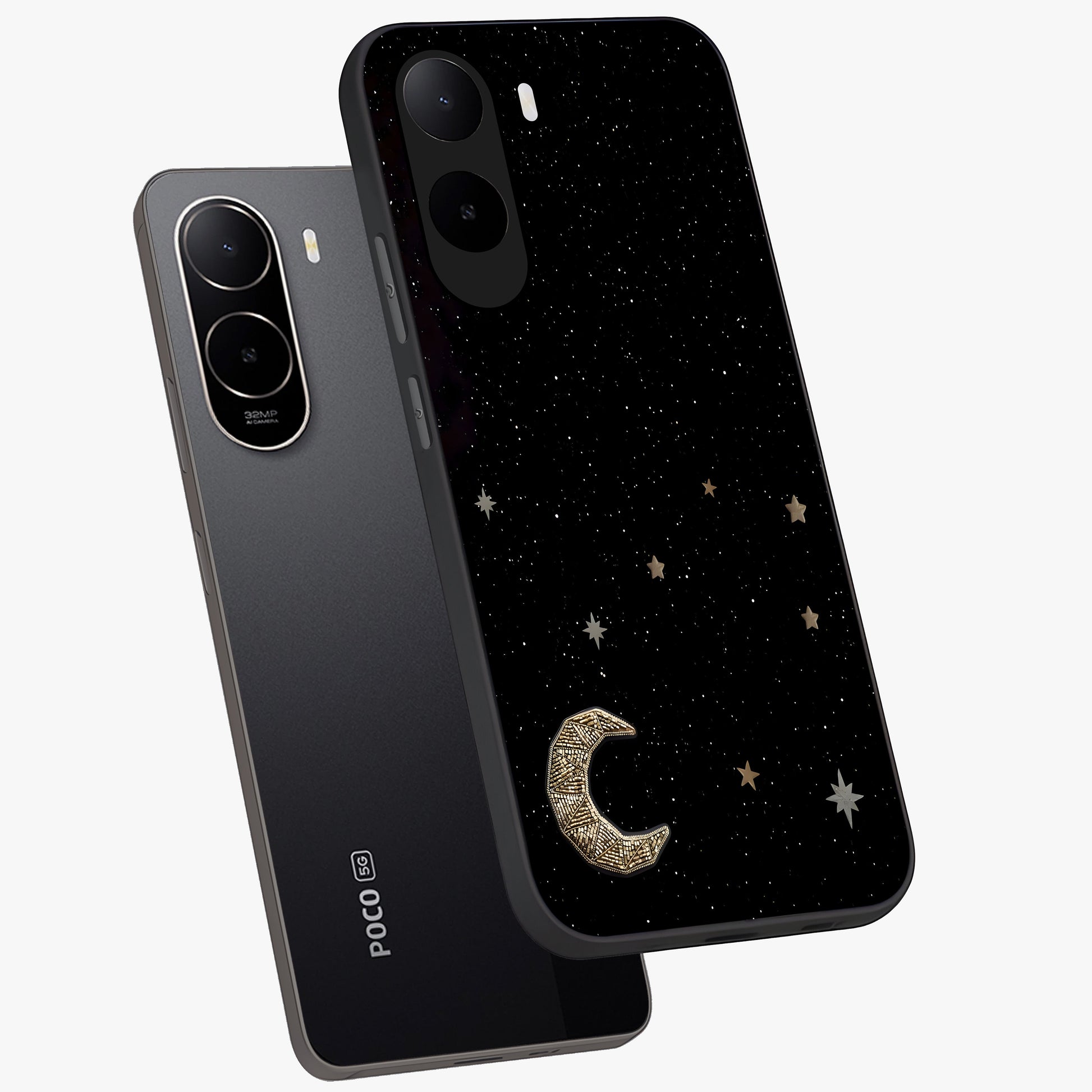 Twinkle Star With Half Moon Glass Case displayed in angled mockup highlighting celestial moon and star design with magical aesthetic.