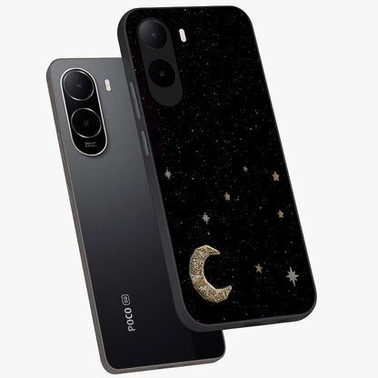 Twinkle Star With Half Moon Glass Case displayed in angled mockup highlighting celestial moon and star design with magical aesthetic.