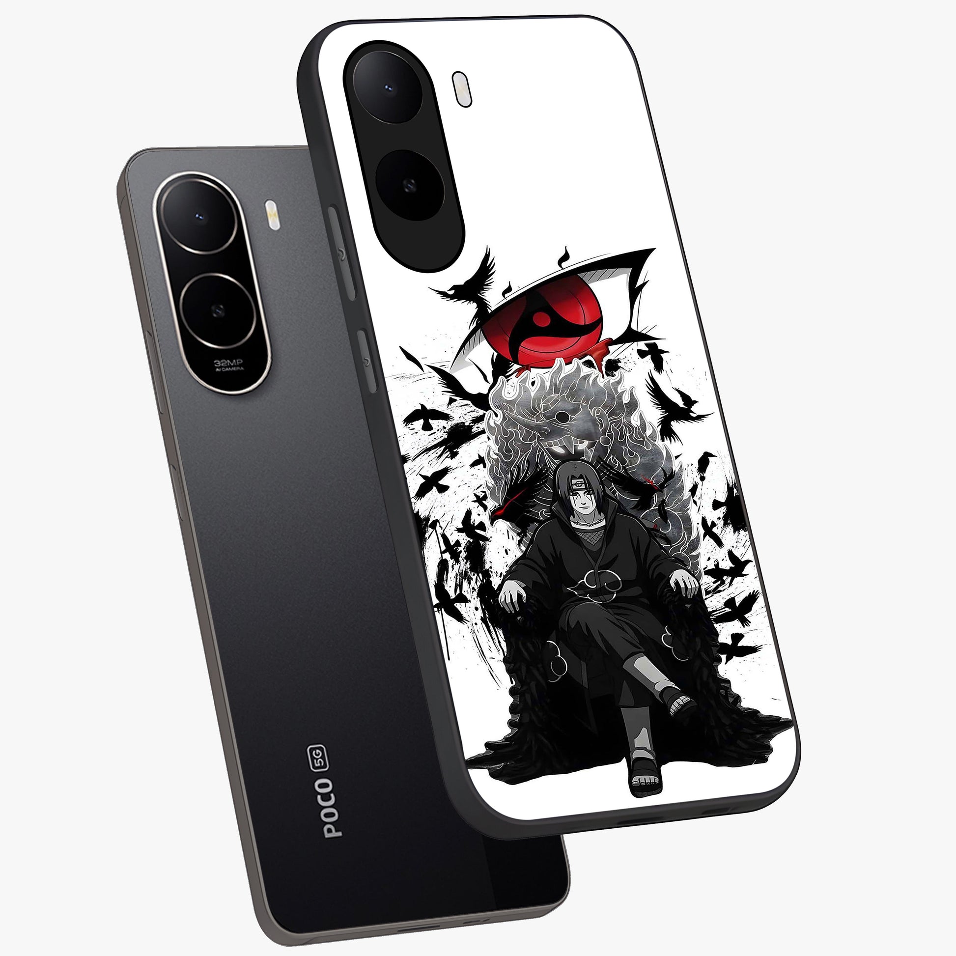 Uchiha Shadow Throne Glass Case displayed in angled mockup highlighting glowing aquatic design with celestial aesthetic.