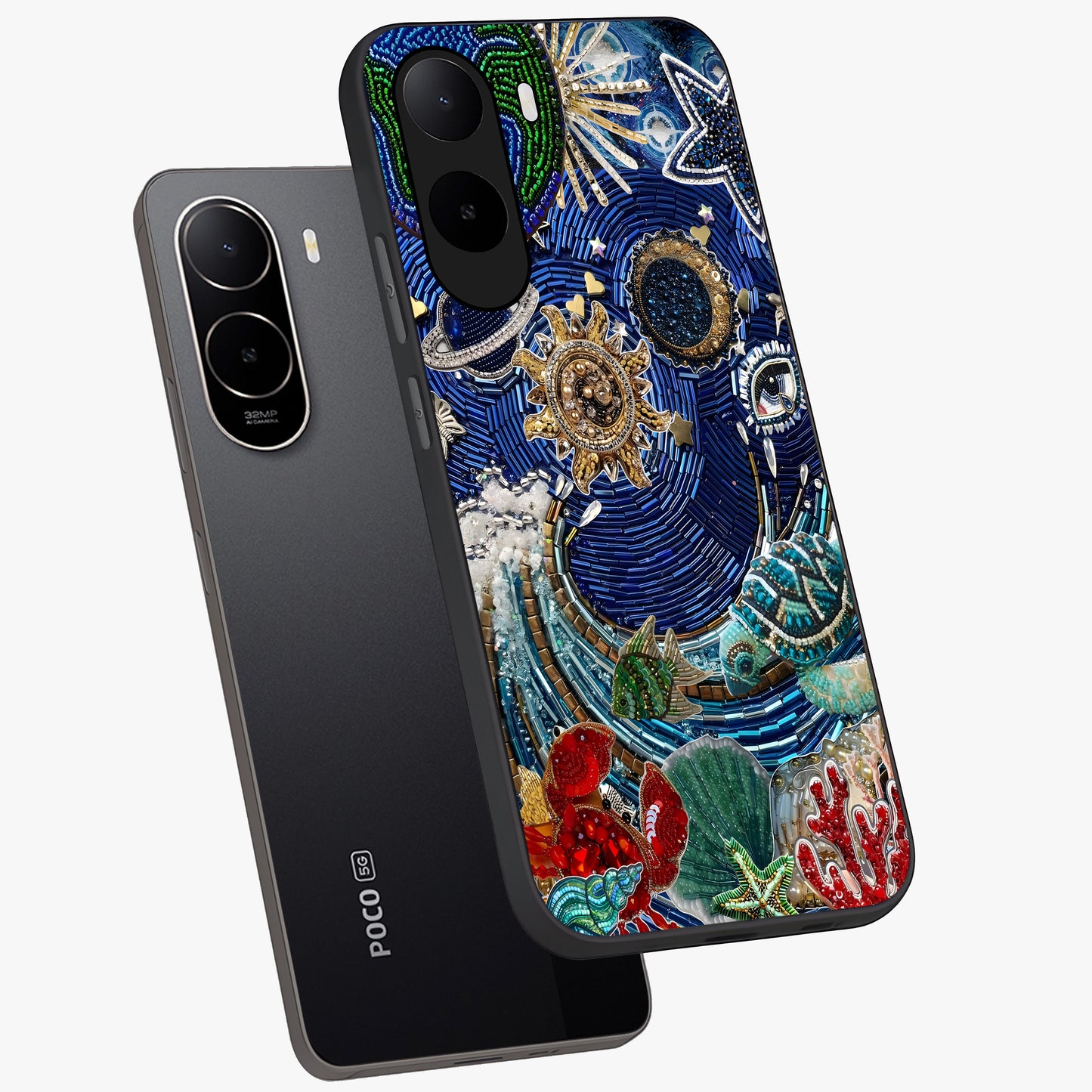 Universe Underwater Spark Glass Case displayed in angled mockup highlighting glowing aquatic design with celestial aesthetic.