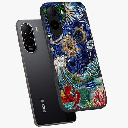 Universe Underwater Spark Glass Case displayed in angled mockup highlighting glowing aquatic design with celestial aesthetic.