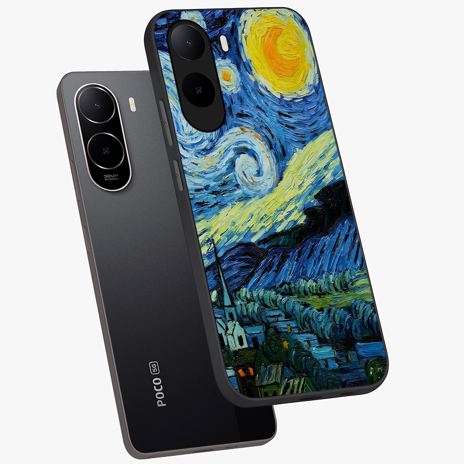 Van Gogh Art Glass Case displayed in angled mockup highlighting swirling brushstroke design with artistic aesthetic.