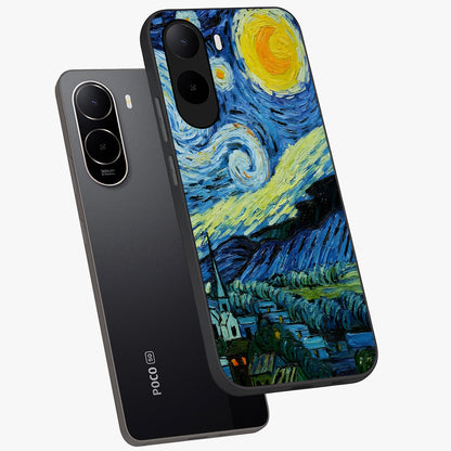 Van Gogh Art Glass Case displayed in angled mockup highlighting swirling brushstroke design with artistic aesthetic.