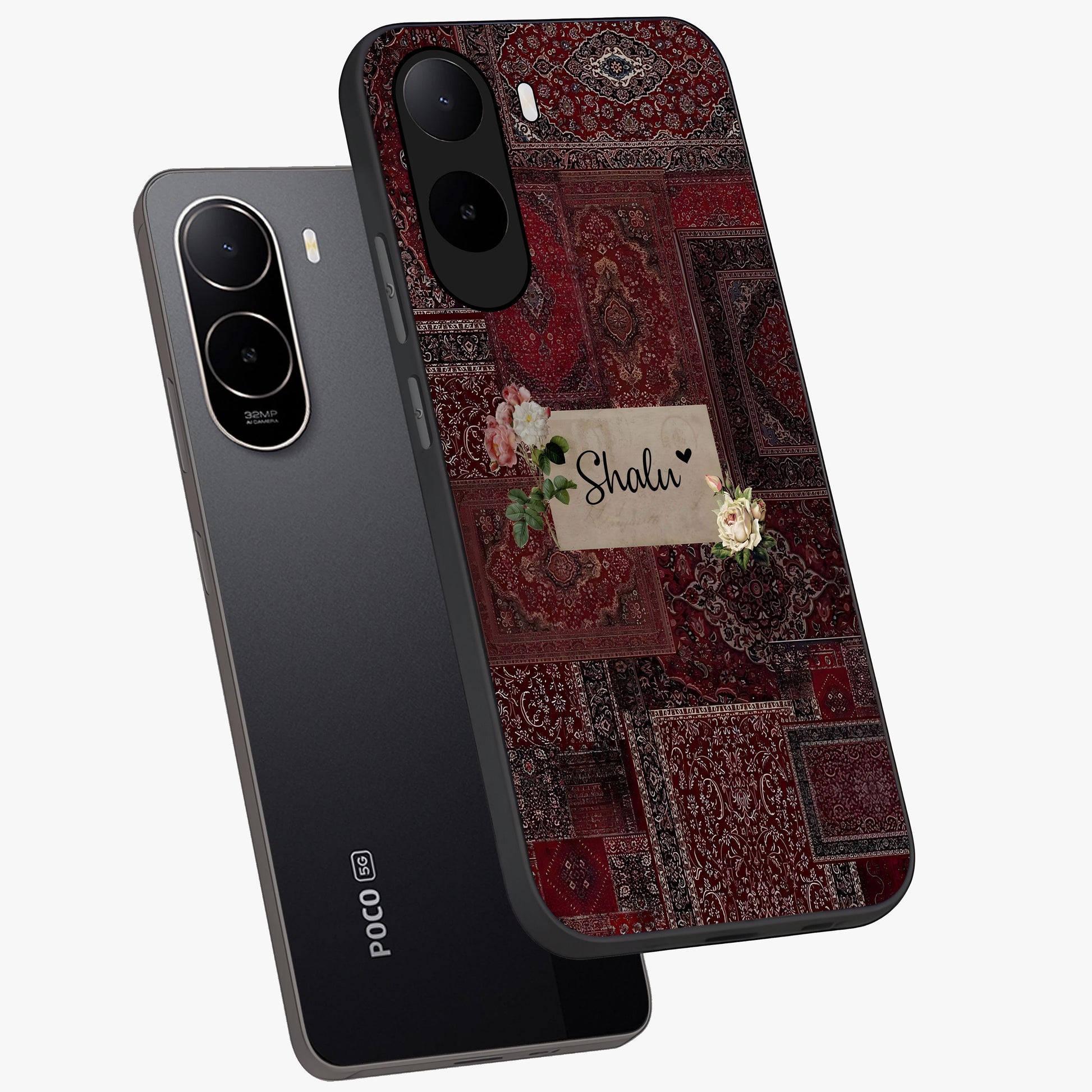 Velvet Wine Pattern Custom Name Glass Case displayed in angled mockup highlighting decorative velvet inspired design with custom name feature.