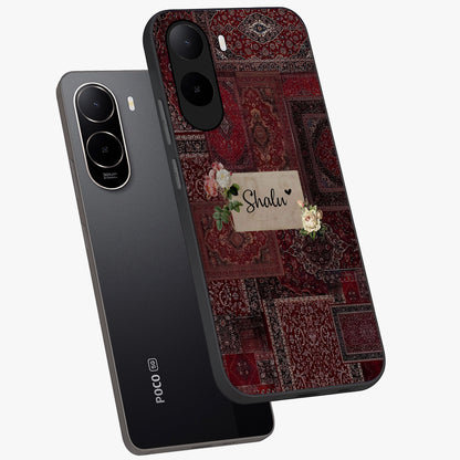 Velvet Wine Pattern Custom Name Glass Case displayed in angled mockup highlighting decorative velvet inspired design with custom name feature.
