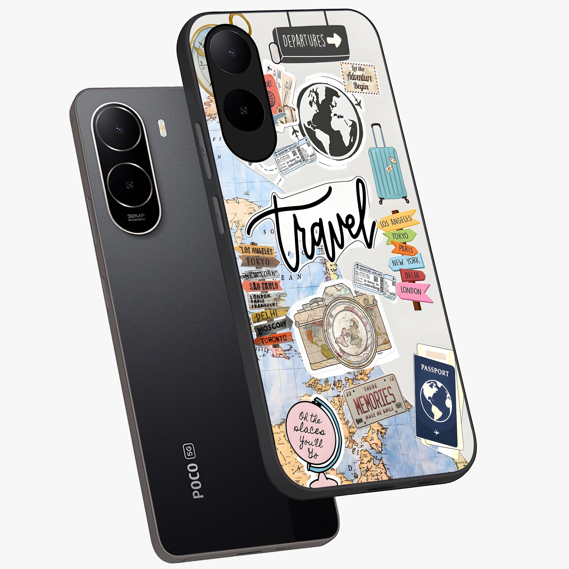 Wanderlust Journal Glass Case displayed in angled mockup highlighting adventure themed design with aesthetic travel vibe.