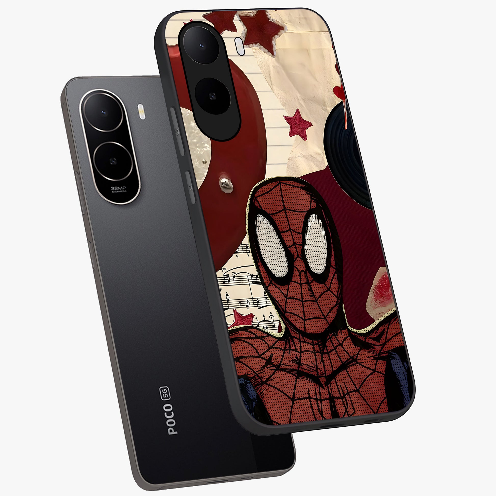 Web Warrior Vibes Glass Case displayed in angled mockup highlighting dynamic web design with comic style aesthetic.