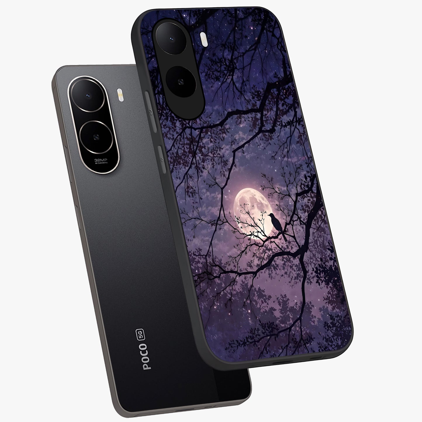Whispering Moon Silence Glass Case displayed in angled mockup highlighting calm lunar design with dreamy night aesthetic.