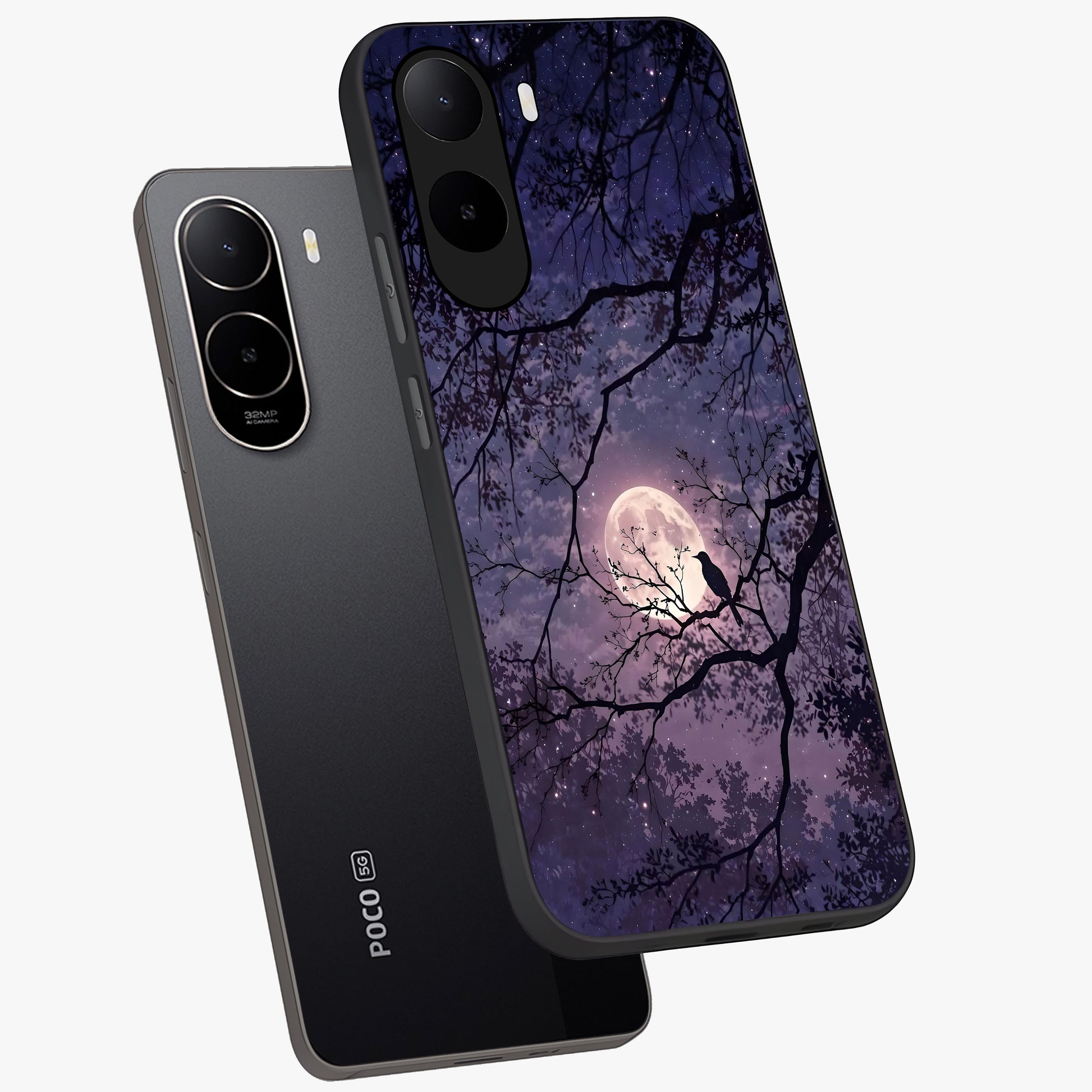 Whispering Moon Silence Glass Case displayed in angled mockup highlighting calm lunar design with dreamy night aesthetic.
