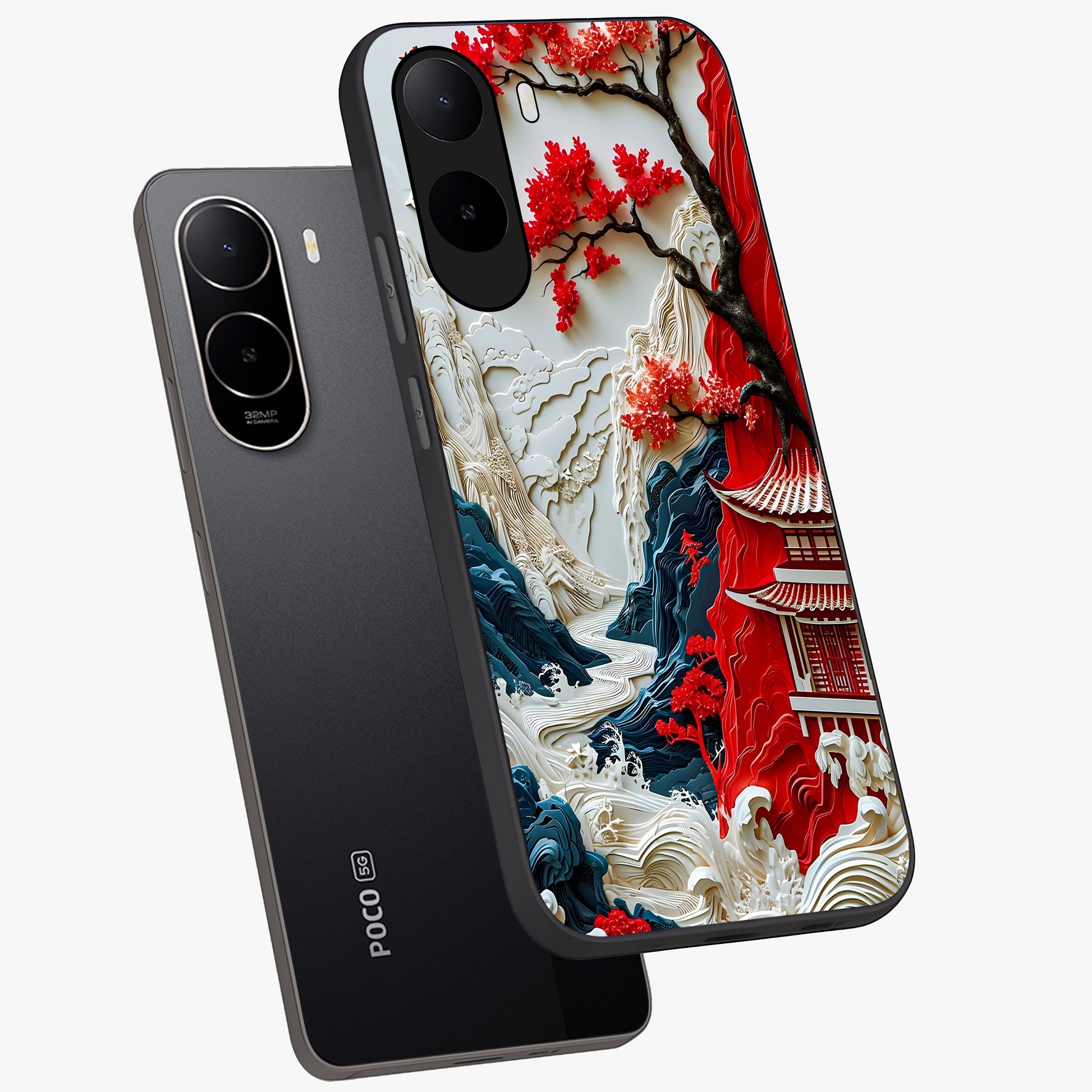 Whispers Of Sakura Waves Glass Case displayed in angled mockup highlighting flowing sakura design with soft floral aesthetic.