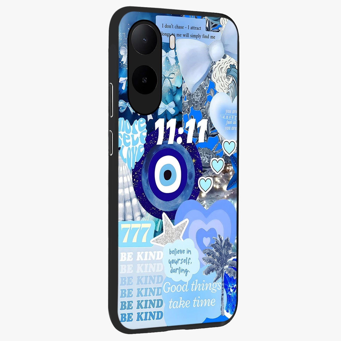 Aesthetic Be Kind Eye Glass Case upright view showcasing stylish eye illustration with positive message theme.