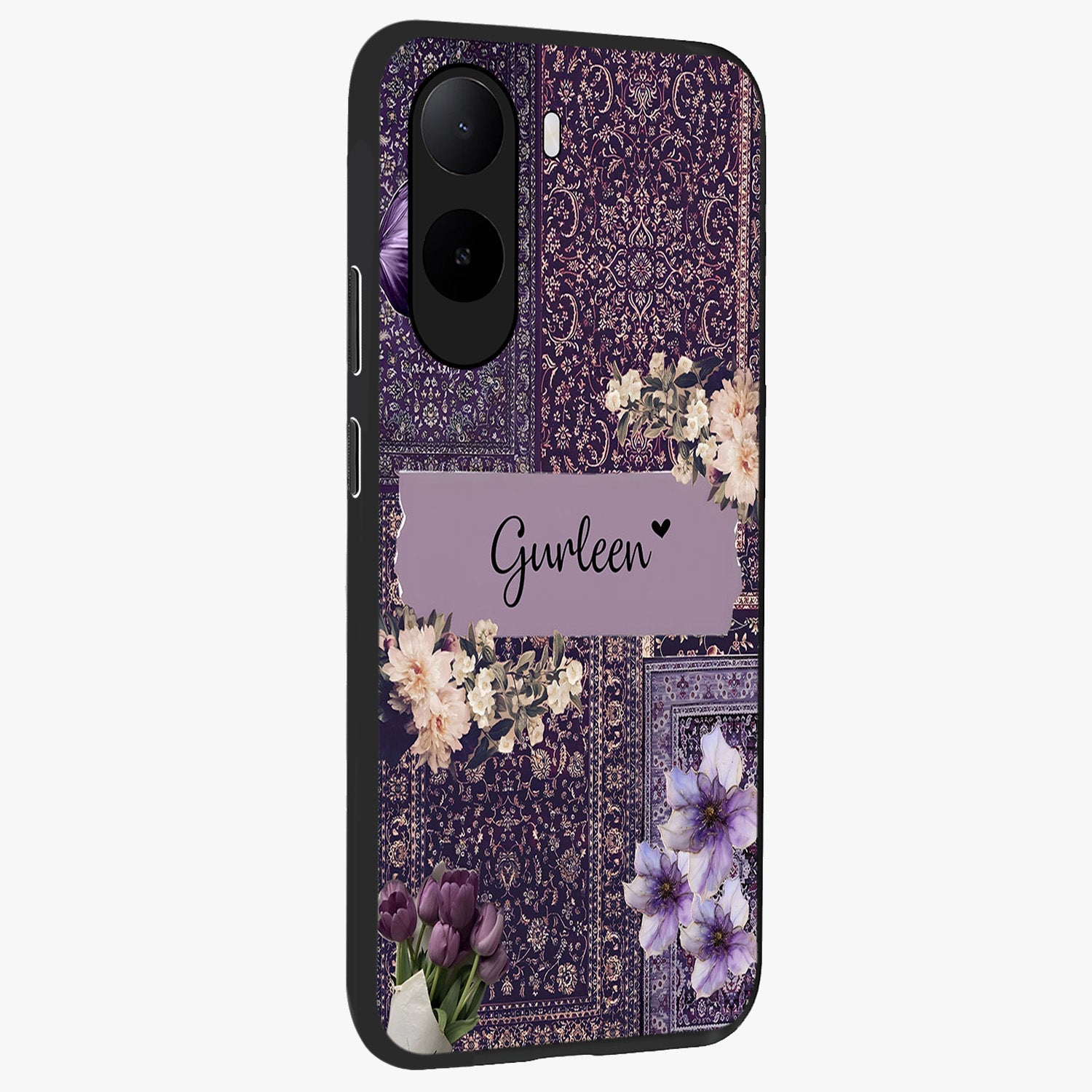 Antique Floral Whisper Custom Name Glass Case upright view showcasing delicate floral artwork with custom name feature.