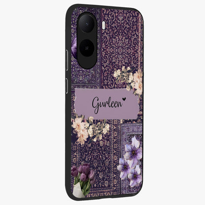 Antique Floral Whisper Custom Name Glass Case upright view showcasing delicate floral artwork with custom name feature.