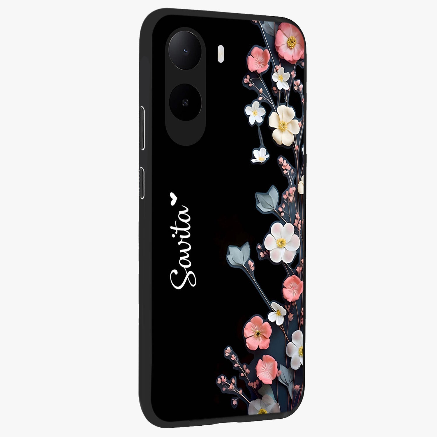 Black Elegance Floral Custom Name Glass Case upright view showcasing luxurious black floral design with personalized name detail.