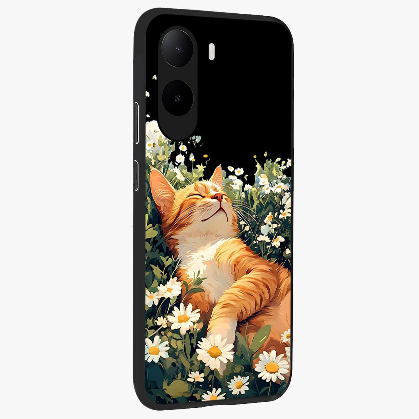 Blissful Bloom Cat Glass Case upright view showcasing charming cat design surrounded by blooming floral elements.