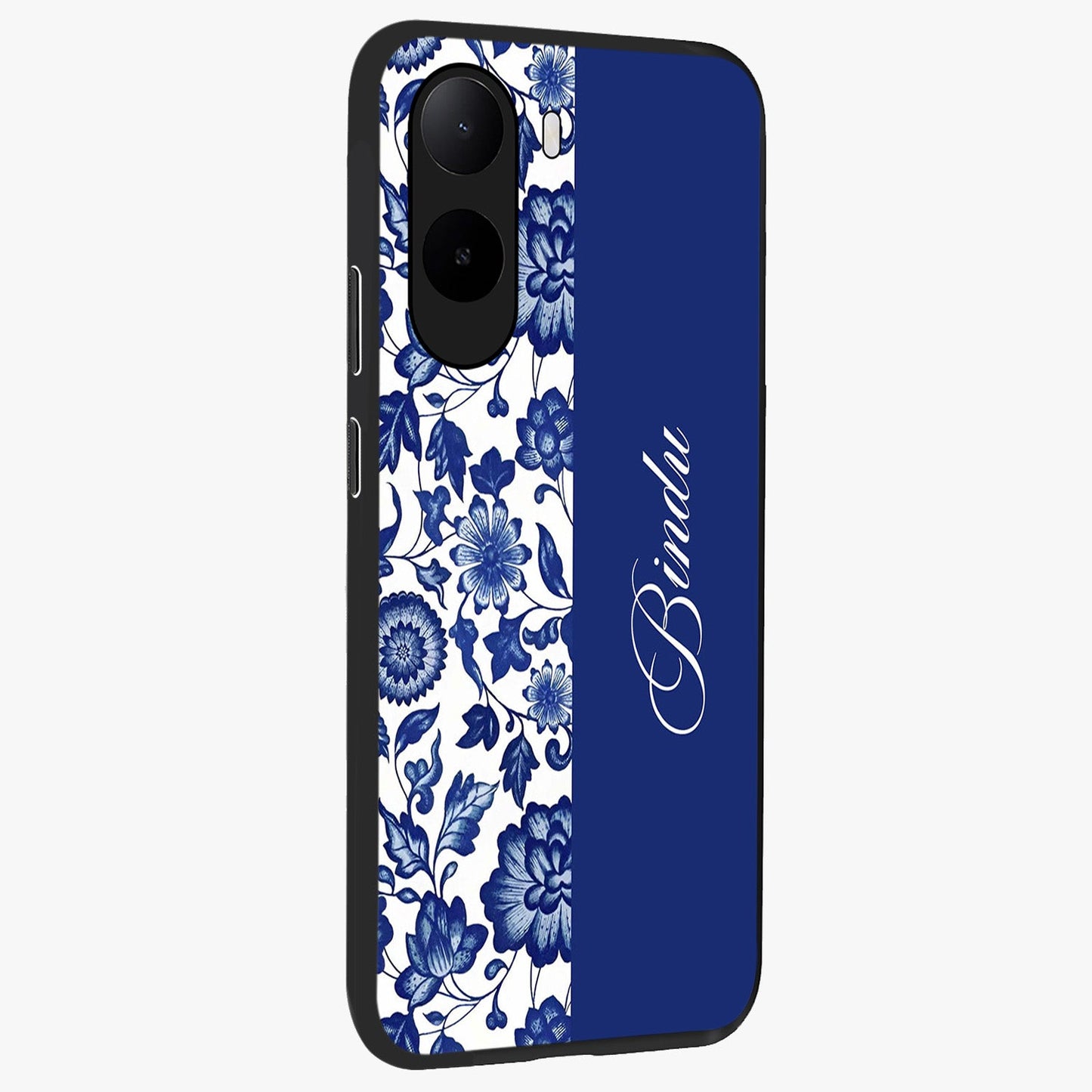 Blue Vintage Floral Pattern Glass Case upright view showcasing delicate blush floral texture with modern minimal style.
