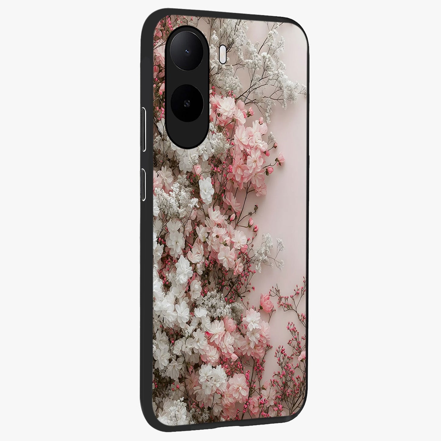 Blush Blossom Cloud Glass Case upright view showcasing calm floral cloud artwork with gentle dreamy theme.