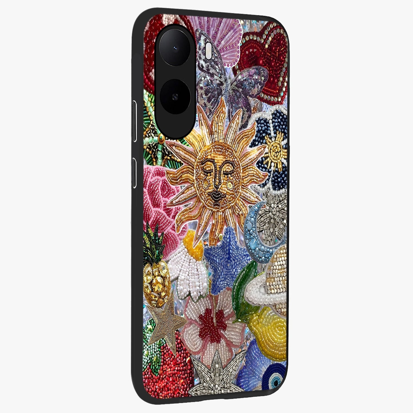 Celestial Floral and Playful Glass Case upright view showcasing whimsical floral artwork with cosmic aesthetic theme.