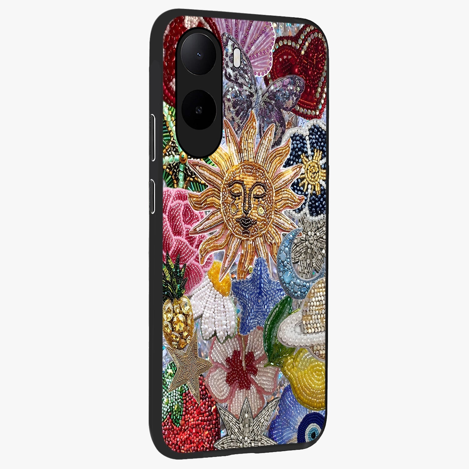 Celestial Floral and Playful Glass Case upright view showcasing whimsical floral artwork with cosmic aesthetic theme.