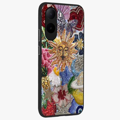 Celestial Floral and Playful Glass Case upright view showcasing whimsical floral artwork with cosmic aesthetic theme.