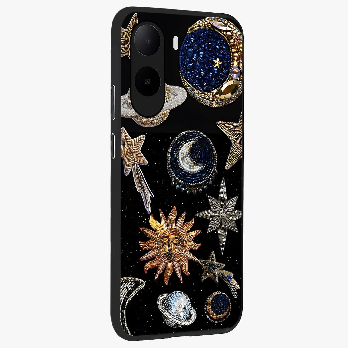 Celestial Gem Constellations Glass Case upright view showcasing cosmic constellation artwork with celestial aesthetic style.