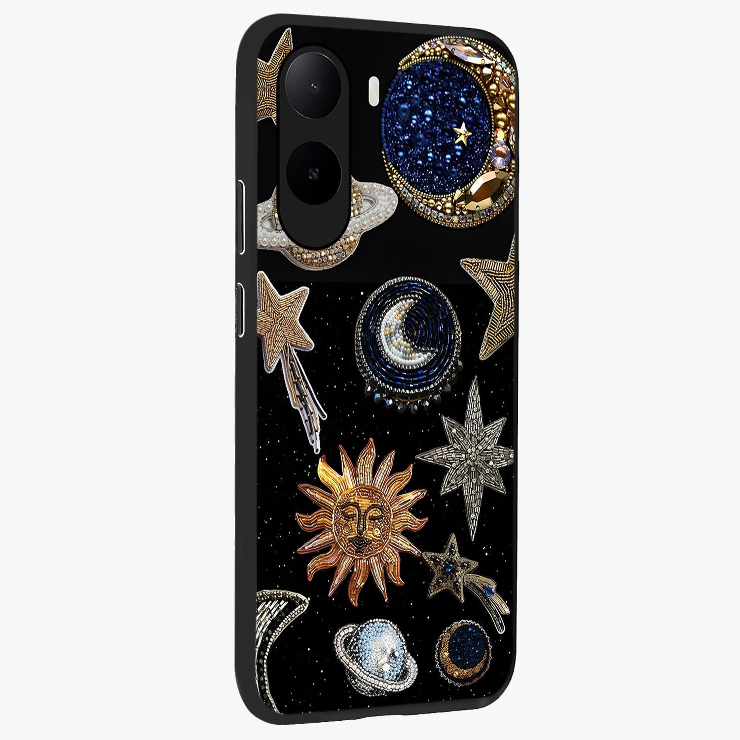Celestial Gem Constellations Glass Case upright view showcasing cosmic constellation artwork with celestial aesthetic style.