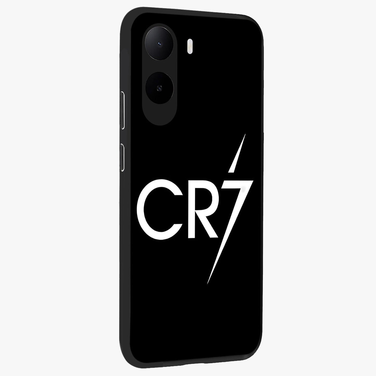Cr7 Elite Strike Glass Case upright view showcasing energetic football inspired design with modern sports aesthetic.