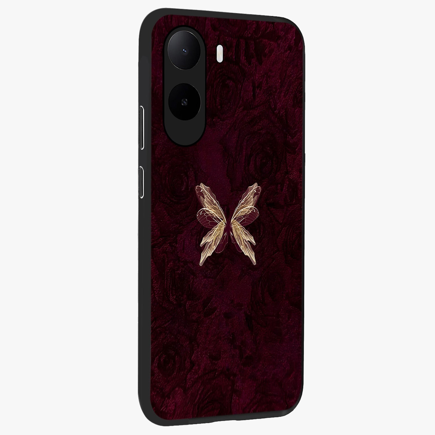 Crimson Fade Butterfly Glass Case upright view showcasing graceful butterfly artwork with soft crimson fade effect.