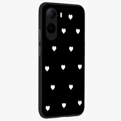 Cute And Simple White Hearts Glass Case upright view showcasing simple white hearts artwork with soft minimal theme.