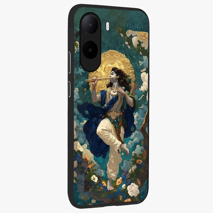 Divine Krishna Art Glass Case upright view showcasing divine Krishna artwork with sacred artistic theme.