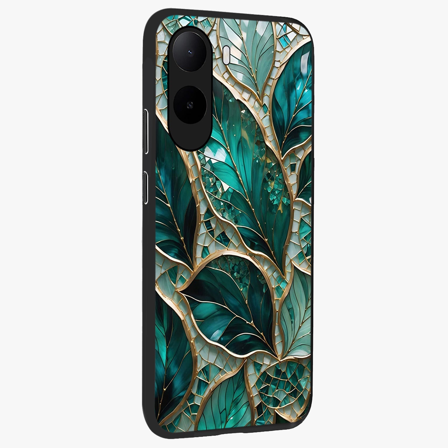 Emerald Leaf Glass Glass Case upright view showcasing fresh green leaf artwork with calming nature inspired style.