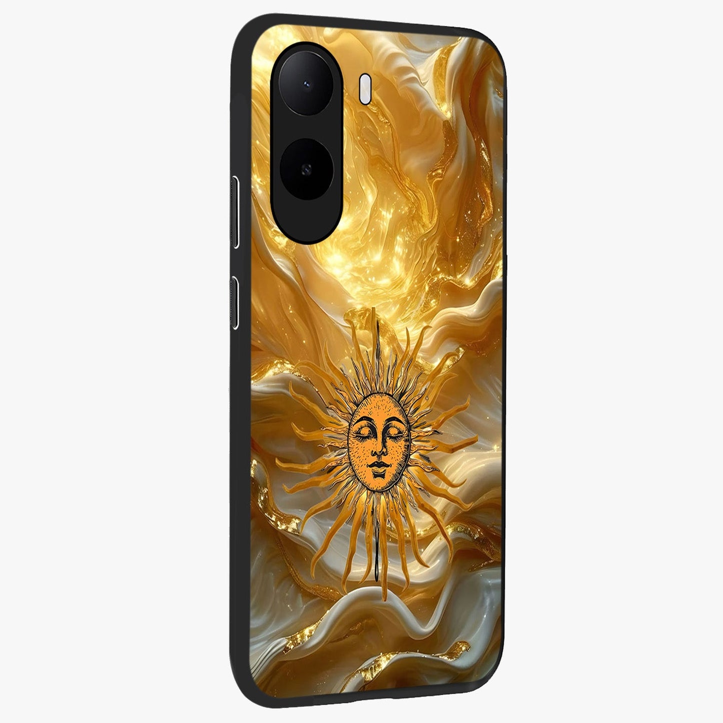 Eternal Golden Glow Glass Case upright view showcasing luminous golden artwork with luxurious visual theme.