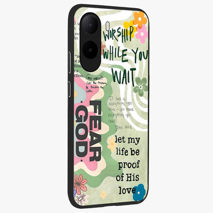 Faith Over Fear Glass Case upright view showcasing bold typography artwork with uplifting motivational theme.
