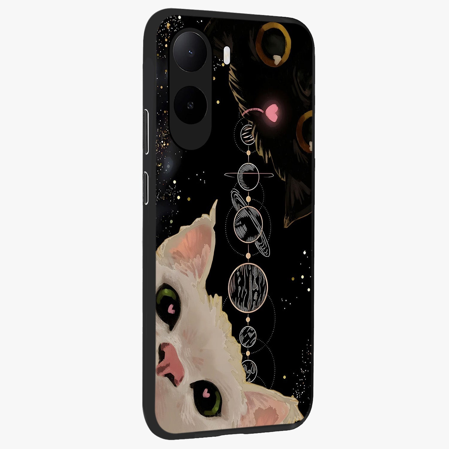 Galactic Cat Glass Case upright view showcasing mystical cat artwork with dreamy cosmic theme.