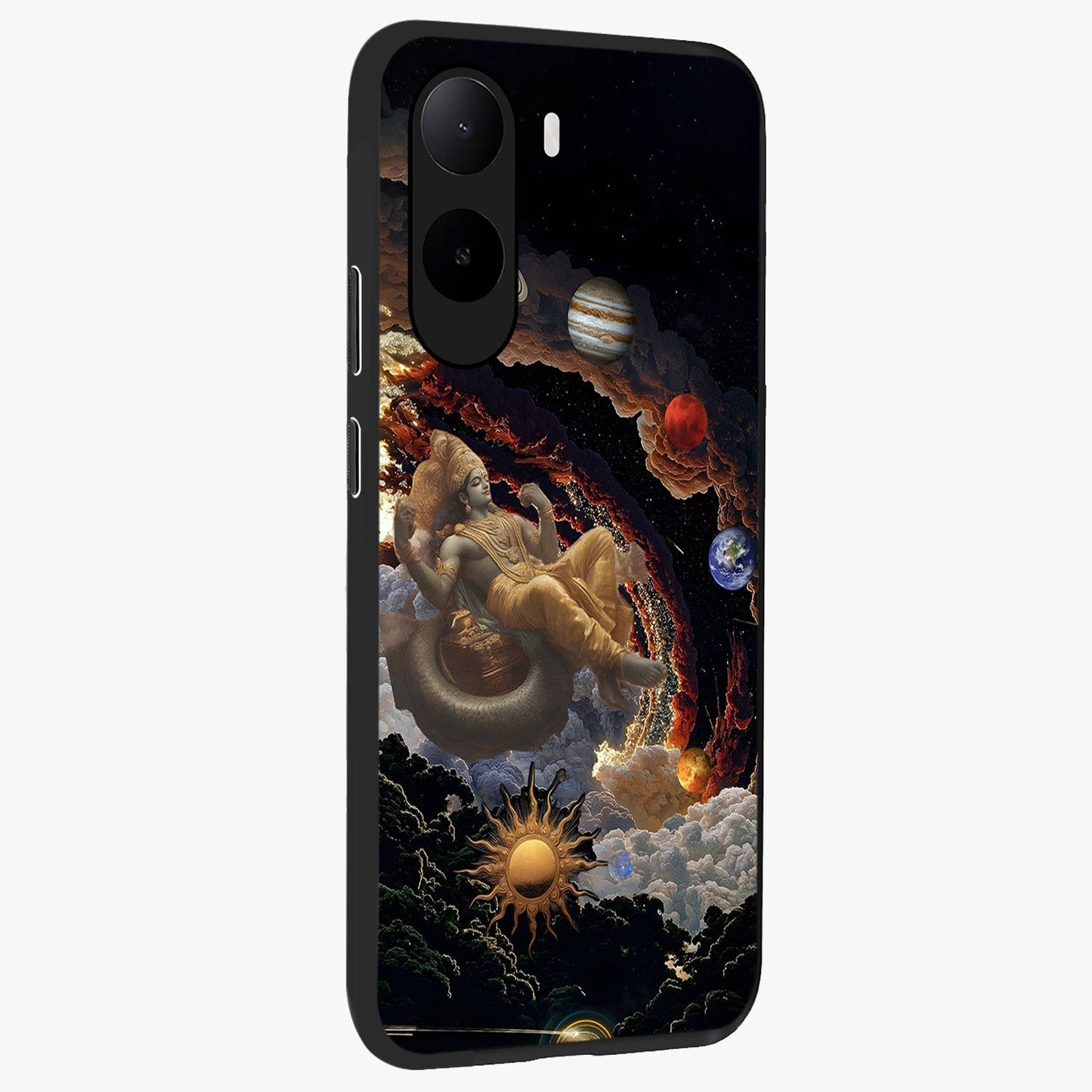 Galactic Divine God Glass Case upright view showcasing mystical divine artwork with dramatic cosmic theme.