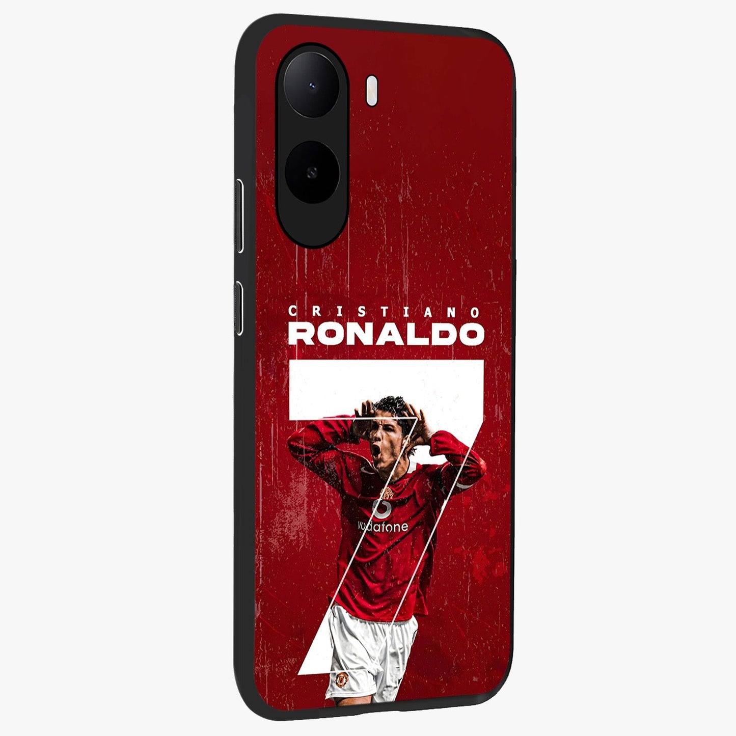 Goal Celebration Legacy Glass Case upright view showcasing dynamic football inspired artwork with victory celebration aesthetic.